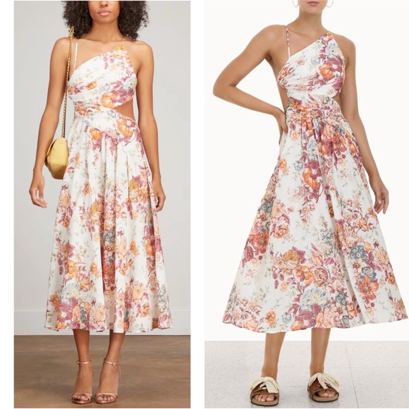 NWT Pattie Asymmetric Cut Out Linen Midi Dress in Cream Floral Size 8 - Picture 6 of 17